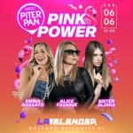 Piterpan Pink Power @ La Velenosa | Bolzano Bellunese BL Potrebbe essere un contenuto grafico raffigurante gomma da masticare e il seguente testo "RADIO PITER PAN PINK POWER SAB 06 06 21.00 EMMA ROSSATO ALICE FASSINA SISTER GLORIA LAVELENASA BOLZANO BELLUNESE BL"
