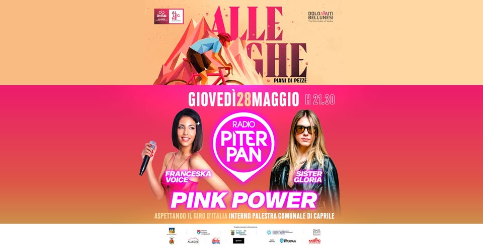 Evento Piterpan Pink Power – Pink Ice Party Palestra Comunale – Caprile di Alleghe BL Locandina Piterpan Pink Power – Pink Ice Party Palestra Comunale – Caprile di Alleghe BL - giovedì 28 maggio ore 21:30 - 23:30