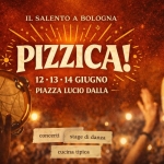 Pizzica! – DiMondi – Piazza Lucio Dalla Potrebbe essere un'immagine raffigurante strumento musicale, pizza e il seguente testo "IL SALENTO A BOLOGNA ۷//// PIZZICA! 12•13 12 13 14 GIUGNO PIAZZA LUCIO DALLA concerti stage di danza cucinatipica cucina tipica"