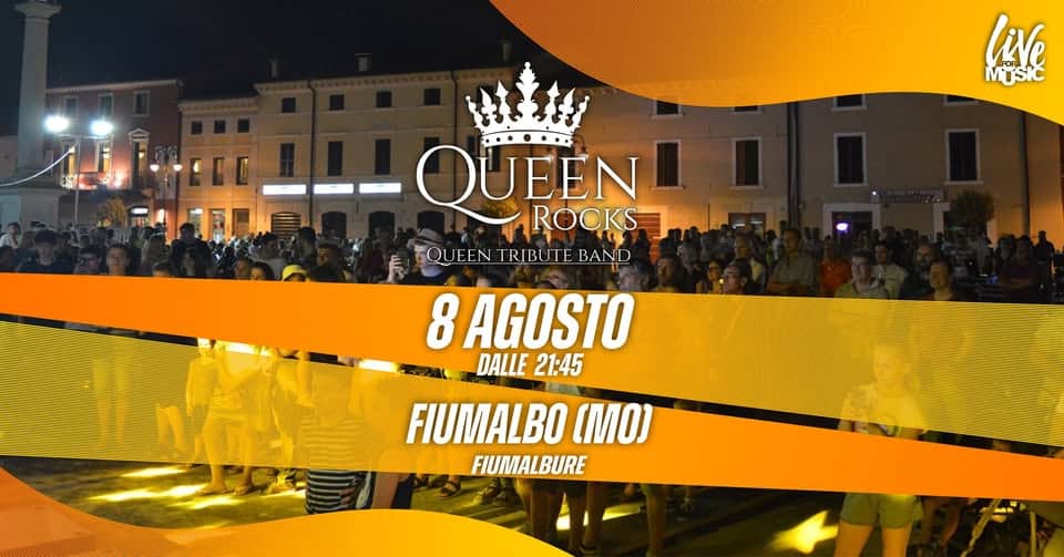 Potrebbe essere un'immagine raffigurante ‎una o più persone e ‎il seguente testo "‎MUSIC luve הוראכהך QUEEN ROCKS 养 GQUEEN TRIBUTE EQUEENTRIBUTEBAND BAND 8 AGOSTO DALLE 21:45 FIUMALBO (MO) FIUMALBURE BURE‎"‎‎