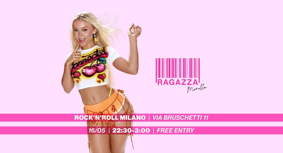 Potrebbe essere un'illustrazione raffigurante il seguente testo "RAGAZZA Morella 16/05 ROCK'N'ROLL ROCKWROLLMILANO|VABRUSCHETT VIA BRUSCHETTI 11 MILANO 22：30-3：00 FREE ENTRY"