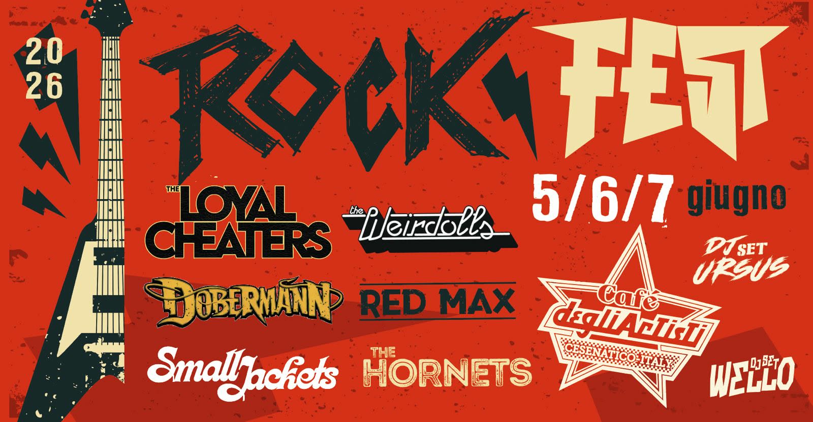 Evento Rock Fest 5/6/7 Giugno Open Air Live & Djset @Cafe’ Degli Artisti Locandina Rock Fest 5/6/7 Giugno Open Air Live & Djset @Cafe’ Degli Artisti - da venerdì 5 giugno - domenica 7 giugno 2026 ore 18:00 ore 23:59