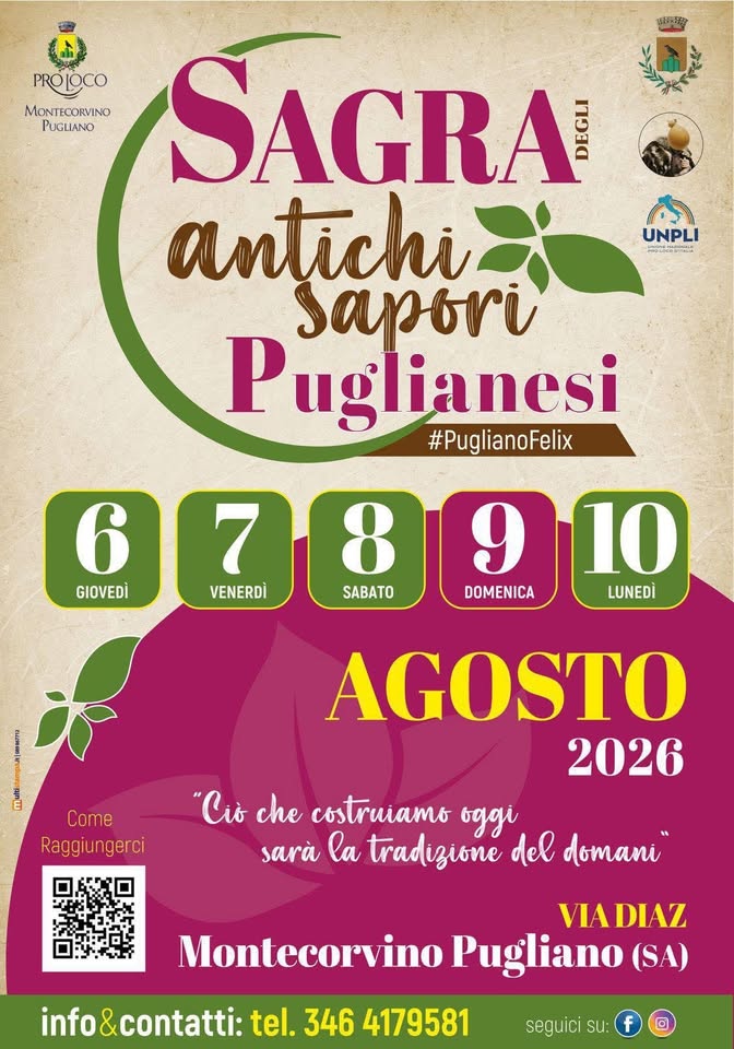 Evento Sagra degli Antichi Sapori Puglianesi Locandina Sagra degli Antichi Sapori Puglianesi - da giovedì 6 agosto - lunedì 10 agosto 2026 ore 17:00 ore 23:00