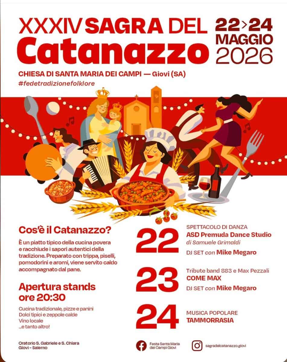 Sagra del Catanazzo 34ª edizione Potrebbe essere un'immagine raffigurante il seguente testo "χχχΙ SAGRA DEL 22>24 Catanazzo 2026 MAGGIO CHIESA DI SANTA MARIA DEI CAMPI Giovi (SA) #fedetradizionefolklore IN Cos'è il Catanazzo? un piatto tipico della cucina povera eracchiucdeisaporiautenticicel autentici tracizione. Preparato trippa, piselli, pomodorini aromi, viene caldo accompagnato clal pane. Apertura stands ore 20:30 22 di Samuele Grimaldi SPETTACOLO DI DANZA ASD Premuda Dance Studio DJ SET con Mike Megaro 23 Tribute band 883 COME MAX DJ SET con Mike Megaro 24 MUSICA POPOLARE TAMMORRASIA Max Pezzali Cucina tradizionale, pizzeepanir pizzee Dolci tipici zeppolecalde calde Vino locale ..e tanto tantoaltro! altro! Oratorios Gabriele os S. .Chiara Salemo FestaSantaMerie Meria seagradelcatanazzo.gkovi"