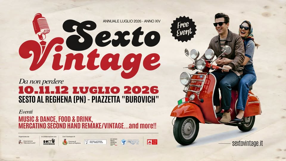 Evento Sexto Vintage 2026 Locandina Sexto Vintage 2026 - da venerdì 10 luglio - domenica 12 luglio 2026 ore 15:00 ore 23:00