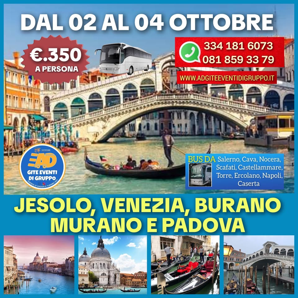 Evento Speciale Weekend, Jesolo, Venezia, Burano, Murano E Padova (02/04/Ottobre) Locandina Speciale Weekend, Jesolo, Venezia, Burano, Murano E Padova (02/04/Ottobre) - da venerdì 2 ottobre - domenica 4 ottobre 2026 ore 05:00 ore 22:00