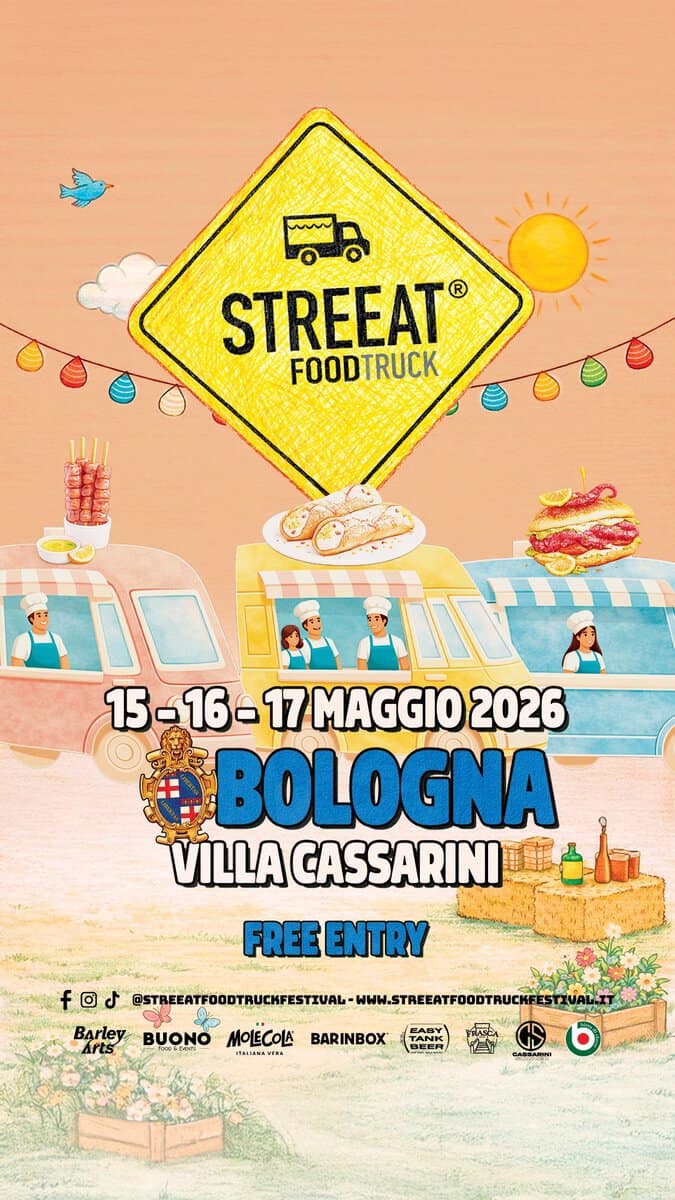 STREEAT®️ Food Truck Festival BOLOGNA Potrebbe essere un'immagine raffigurante il seguente testo "mw STREEAT ® FOODTRUCK SONS 15-16-17MAGGI02026 15- 15-16- 17MAGGIO 2026 BOLOGNA VILLA CASSARINI FREE ENTRY fod O BIWEATAOTUAETISSA B. P Barley BUONO Arts PERA BARINBOX EAGY TANK 屋は司"