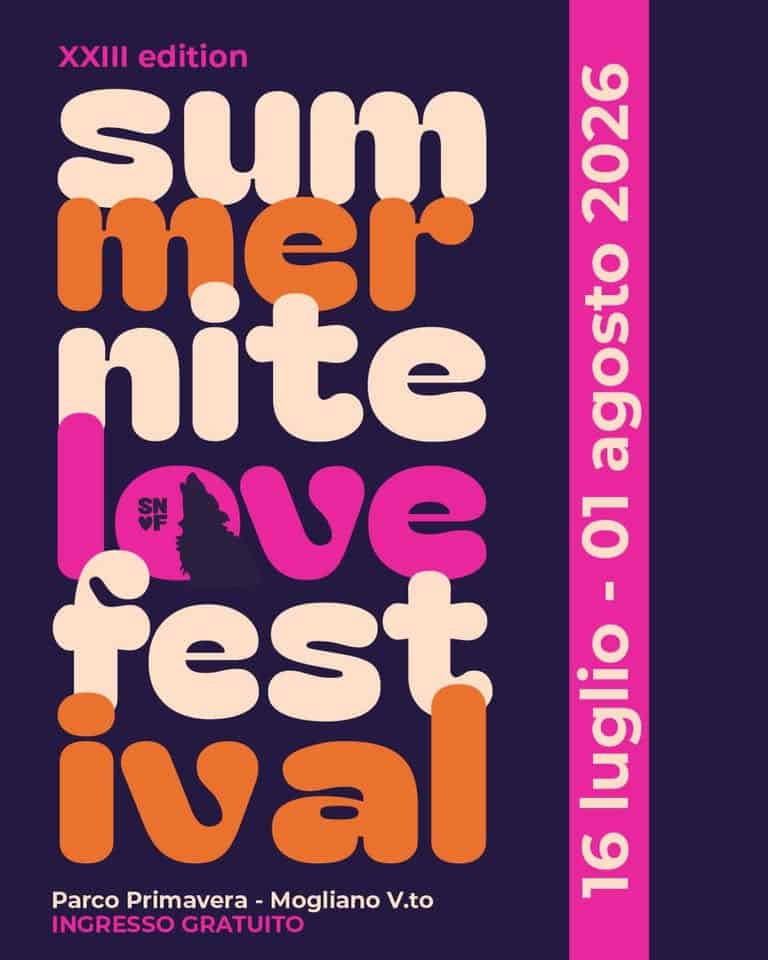 SUMMER NITE LOVE FESTIVAL XXIII Potrebbe essere un contenuto grafico raffigurante il seguente testo "XXIII edition sum 2222 mer nite agosto #nve O fest ival เวท oong 6 G luglio-01 Parco Primavera Mogliano V.to ٥ INGRESSO GRATUITO"