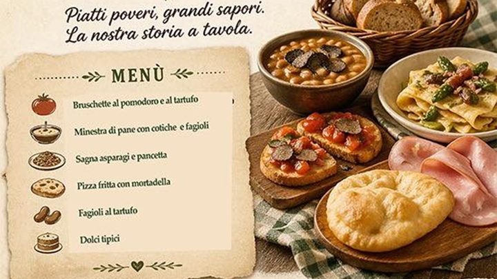 Tavolata Campolese. Campoli Appennino (FR) Potrebbe essere un'immagine raffigurante il seguente testo "Piatti poveri, grandi sapori. La nostra storia a tavola. ...........->> MENU ←....... Bruschette al pomodoro al tartufo Minestra di pane con cotiche fagioli Sagna asparagi pancetta Pizza fritta co mortadella Fagioli al tartufo Dolci Dolcitipici tipici"