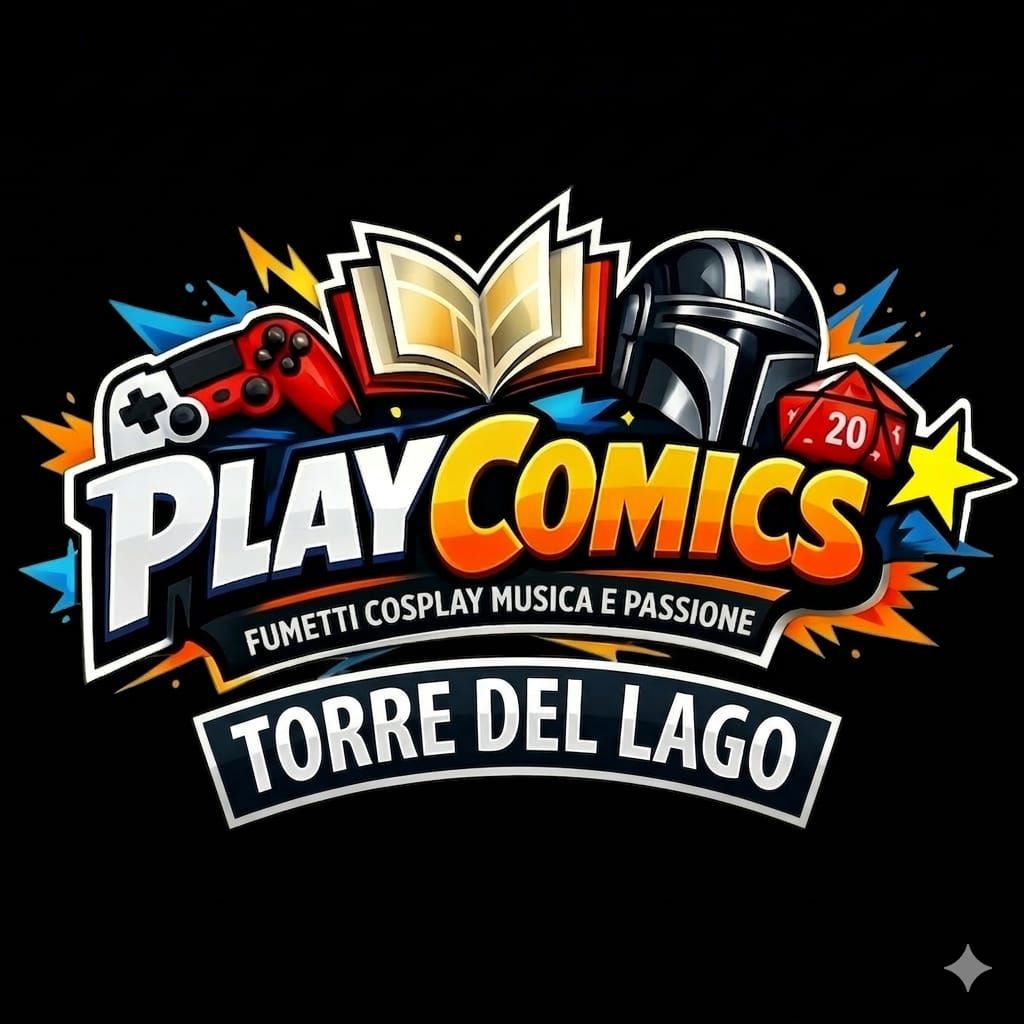 Torre del Lago Play comics Potrebbe essere un'immagine raffigurante il seguente testo "PLAYC COMICS PLAYCOMICS കാിപപാം 720 20 FUMETTI COSPLAY MUSICA E PASSIONE TORRE DEL LAGO"