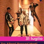 Potrebbe essere un'immagine raffigurante il seguente testo "SIN SN サき 31 luglio Tre Allegri Ragazzi Morti open w/ Zabrisky La Scimmia Parco Primavera Mogliano V.to INGRESSO GRATUITO"