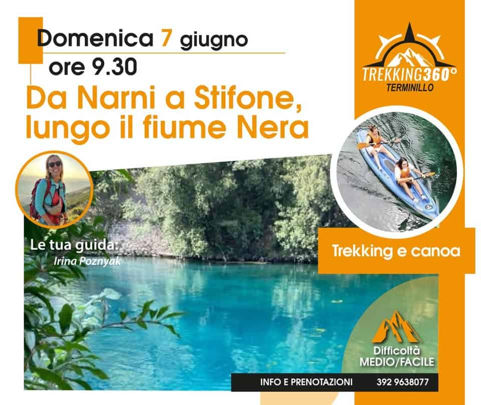 Trekking da Narni a Stifone, escursione a piedi e in canoa lungo il fiume Nera Potrebbe essere un'immagine raffigurante il seguente testo "Domenica 7 giugno ore 9.30 Da Narni a Stifone, lungo il fiume Nerà TREKKING360° TERMINILLO Le tua guida: Irina Poznyak Trekking Trekkingecanoa e canoa INFO E PRENOTAZIONI Al Difficoltà MEDIO EDIO/FACILE FACILE 3929638077 392 9638077"