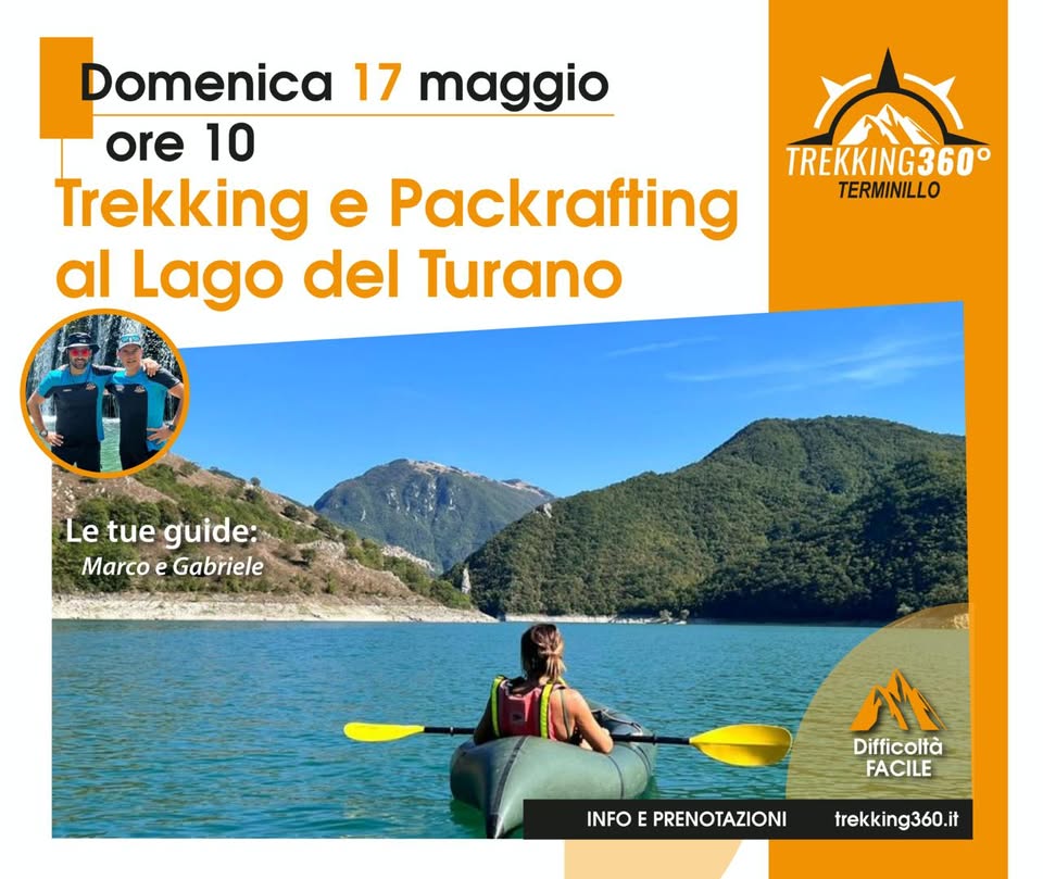 Trekking e Packrafting al Lago del Turano Potrebbe essere un'immagine raffigurante kayak, lago e il seguente testo "Domenica 17 maggio ore 10 Trekking e Packrafting al Lago del Turano ስ TREKKING360° TERMINILLO Le Letueguide: tue guide: Marco MarcoeGabriele e Gabriele Al Difficoltà FACILE INFO PRENOTAZIONI trekking360.it"