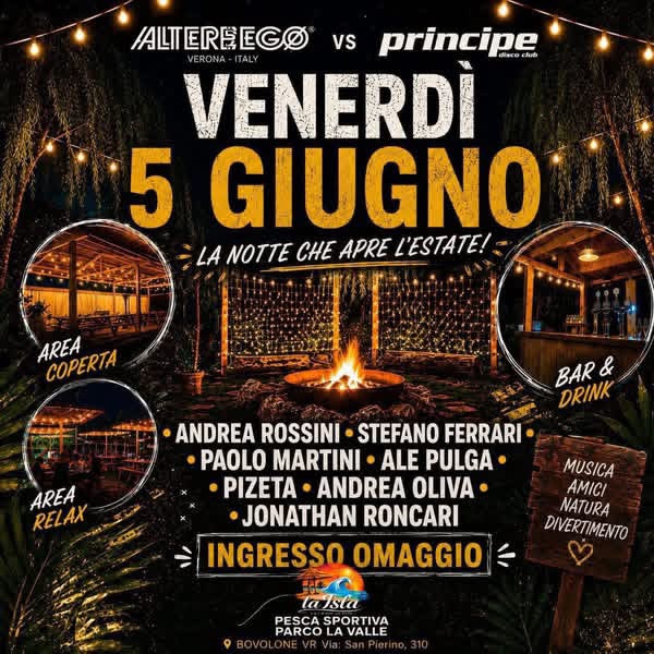 Evento Venerdì 5 Giugno Alterego Vs Principe La Isla Summer Club Locandina Venerdì 5 Giugno Alterego Vs Principe La Isla Summer Club - venerdì 5 giugno ore 19:00 - 21:00