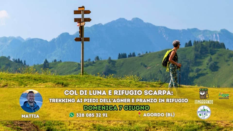 Veneto: Col di Luna e Rifugio Scarpa: Trekking ai piedi dell’Agner e Pranzo in Rifugio Potrebbe essere un'immagine raffigurante il seguente testo "王 主 監 公福 森 MATTIA COL DI LUNA E RIFUGIO SCARPA: TREKKING AI PIEDI DELL'AGNER E PRANZO IN RIFUGIO DOMENICA DOMENICA7GIUGNO 7 GIUGNO 328 085 3280853291 32 91 AGORDO (BL) Aigoe 쌀이라 ITIMARRANDO 村茶"