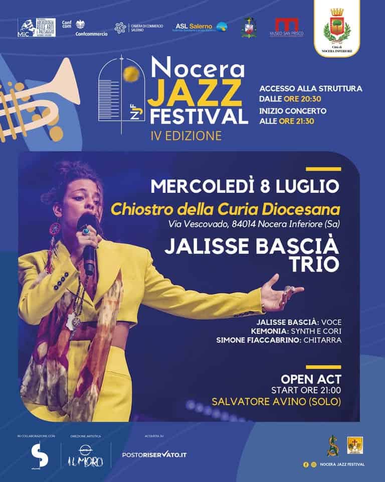Evento mercoledì 8 luglio Nocera Jazz Festival Jalisse Bascià Trio Locandina mercoledì 8 luglio Nocera Jazz Festival Jalisse Bascià Trio - mercoledì 8 luglio ore 20:30 - 22:30