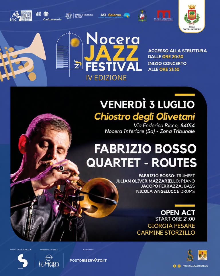Evento venerdì 3 luglio Nocera Jazz Festival Fabrizio Bosso Quartet Locandina venerdì 3 luglio Nocera Jazz Festival Fabrizio Bosso Quartet - venerdì 3 luglio ore 20:30 - 22:30