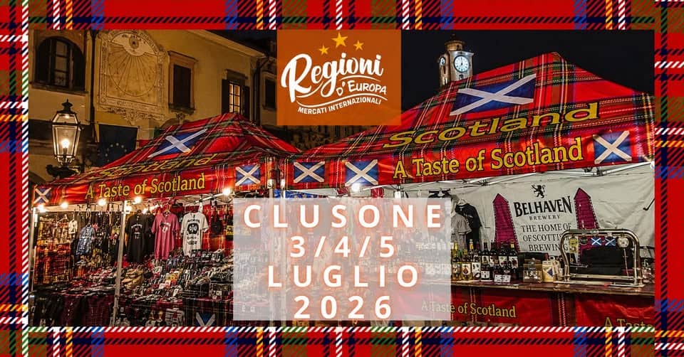 Evento Clusone Scozia In Tour Mercato Internazionale – Regioni D’europa – 3/4/5 Luglio 2026 Locandina Clusone Scozia In Tour Mercato Internazionale – Regioni D’europa – 3/4/5 Luglio 2026 - da venerdì 3 luglio - domenica 5 luglio 2026 ore 09:00 ore 22:00