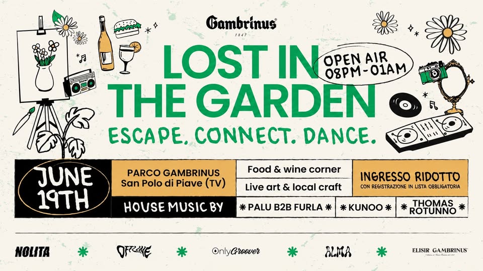 Evento LOST IN THE GARDEN Venerdi 19 Giugno – Parco Gambrinus Locandina LOST IN THE GARDEN Venerdi 19 Giugno – Parco Gambrinus - venerdì 19 giugno ore 20:00 - 22:00