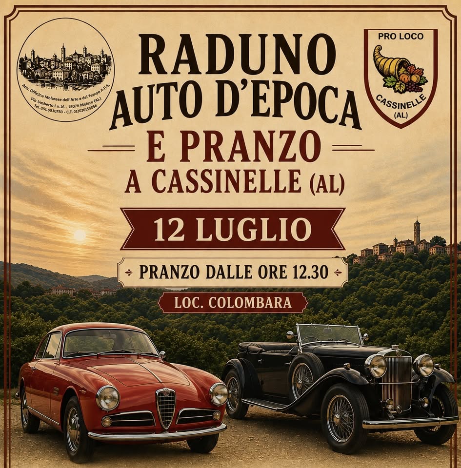 Evento Raduno Auto D’epoca & Pranzo – Cassinelle (Al) Locandina Raduno Auto D’epoca & Pranzo – Cassinelle (Al) - domenica 12 luglio ore 10:00 - 16:00