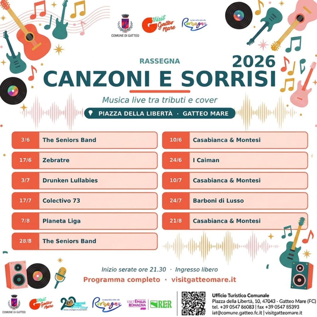 Evento Canzoni e Sorrisi – Estate 2026 Locandina Canzoni e Sorrisi – Estate 2026 - da mercoledì 10 giugno - venerdì 28 agosto 2026 ore 21:30 ore 23:30