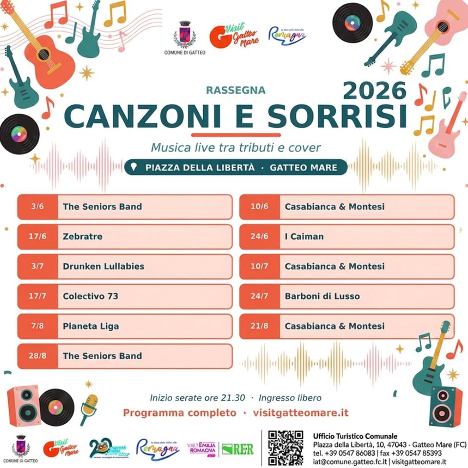 Evento Canzoni e Sorrisi – Estate 2026 Locandina Canzoni e Sorrisi – Estate 2026 - da mercoledì 10 giugno - venerdì 28 agosto 2026 ore 21:30 ore 23:30
