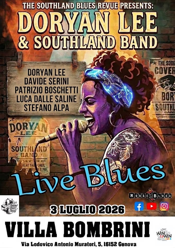 Evento Doryan Lee & Southland Band “Live Villa Bombrini” Locandina Doryan Lee & Southland Band “Live Villa Bombrini” - venerdì 3 luglio ore 21:00 - 23:00