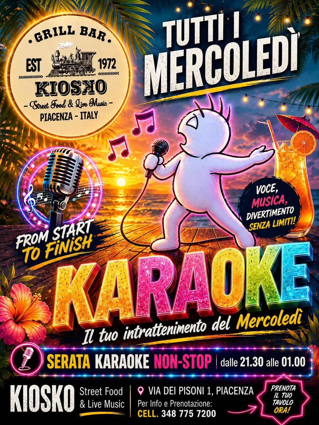 Evento Karaoke Night – tutti i mercoledì al kiosko Locandina Karaoke Night – tutti i mercoledì al kiosko - da mercoledì 17 giugno - mercoledì 2 settembre 2026 ore 21:00 ore 21:01
