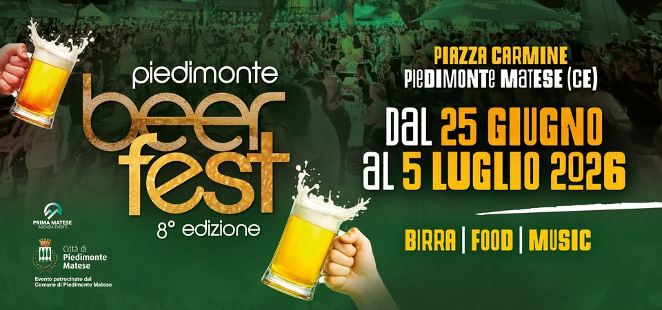Evento Festa Della Birra – Piedimonte Matese Locandina Festa Della Birra – Piedimonte Matese - da giovedì 25 giugno - domenica 5 luglio 2026 ore 18:00 ore 23:59