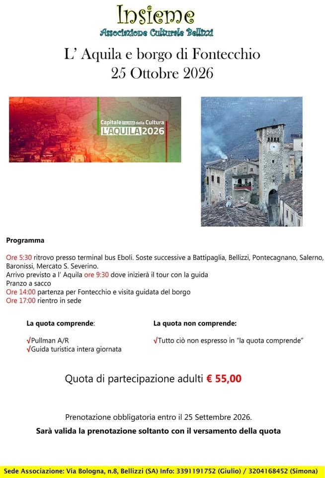 Evento L’ Aquila e borgo di Fontecchio 25 Ottobre 2026 Locandina L’ Aquila e borgo di Fontecchio 25 Ottobre 2026 - domenica 25 ottobre ore 05:30 - 20:30