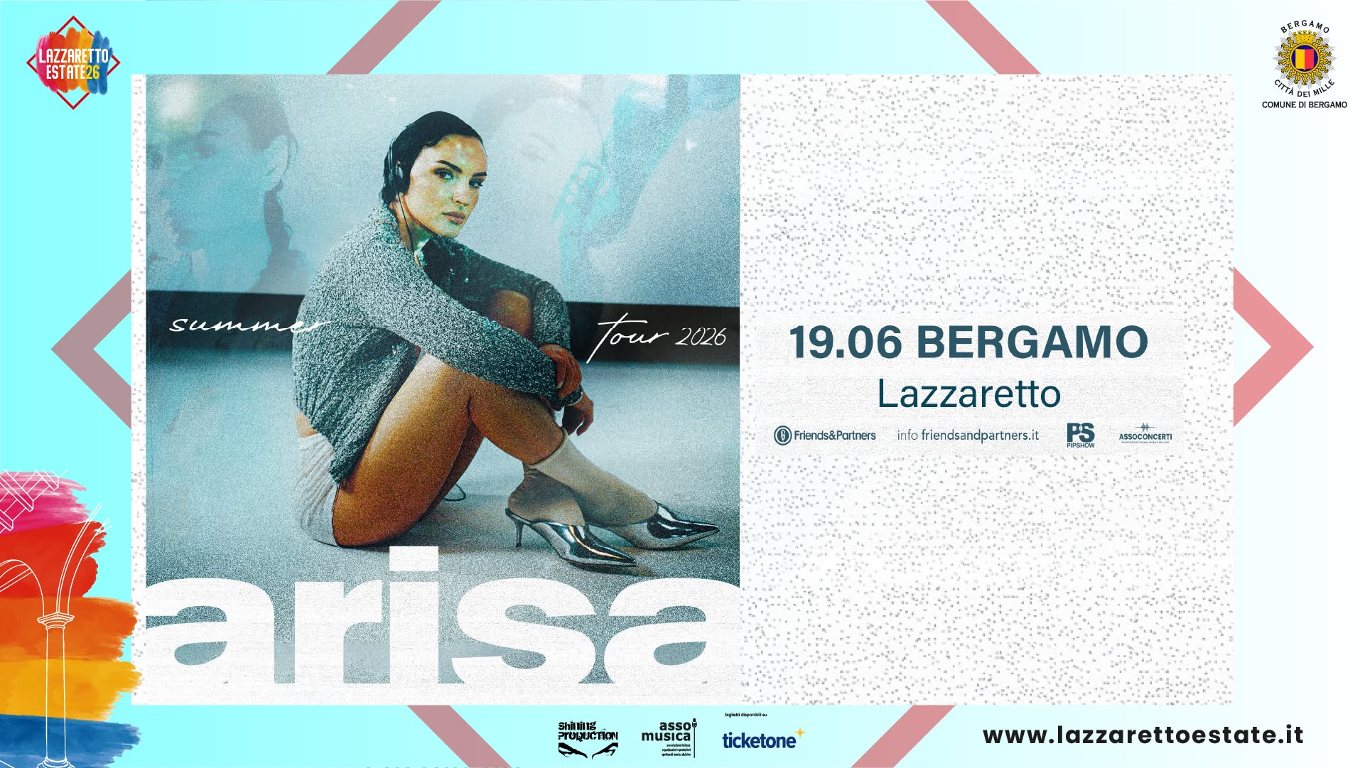 Evento Arisa – Lazzaretto Bergamo Estate 2026 – 19 giugno 2026 Locandina Arisa – Lazzaretto Bergamo Estate 2026 – 19 giugno 2026 - venerdì 19 giugno ore 21:30 - 23:30
