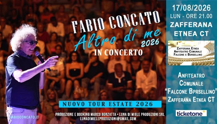 Evento Zafferana Etnea CT – Fabio Concato in concerto – Altro di Me Tour Estate 2026 Locandina Zafferana Etnea CT – Fabio Concato in concerto – Altro di Me Tour Estate 2026 - lunedì 17 agosto ore 21:00 - 23:00
