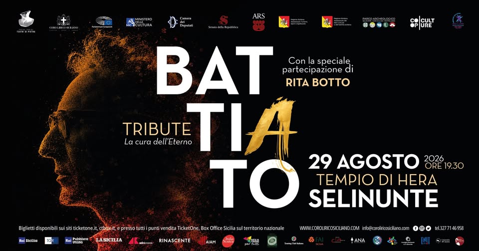 Evento Franco Battiato Tribute – Tempio Di Hera – Selinunte – 29 Agosto 2026 Locandina Franco Battiato Tribute – Tempio Di Hera – Selinunte – 29 Agosto 2026 - sabato 29 agosto ore 19:30 - 21:30
