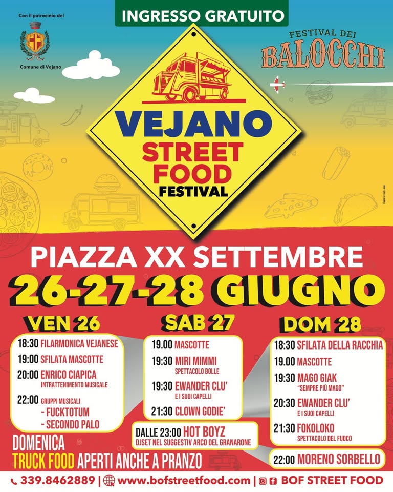Evento Vejano Street Food Festival Dei Balocchi Piazza Xx Settembre Locandina Vejano Street Food Festival Dei Balocchi Piazza Xx Settembre - da venerdì 26 giugno - domenica 28 giugno 2026 ore 18:00 ore 23:30