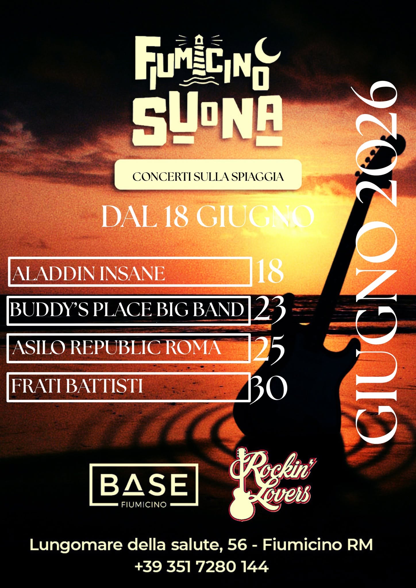 Evento Fiumicino Suona – Concerti Sulla Spiaggia Estate 2026 Locandina Fiumicino Suona – Concerti Sulla Spiaggia Estate 2026 - da giovedì 18 giugno - giovedì 10 settembre 2026 ore 22:00 ore 00:00
