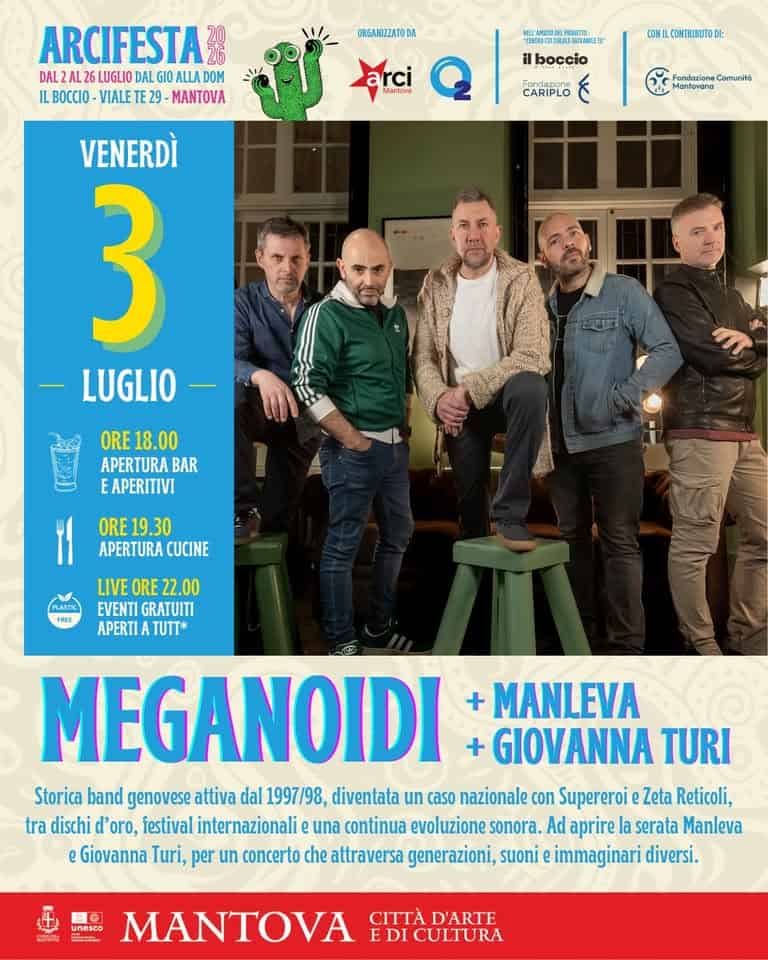 Evento Meganoidi – ArciFesta 2026 Locandina Meganoidi – ArciFesta 2026 - venerdì 3 luglio ore 22:00 - 00:00