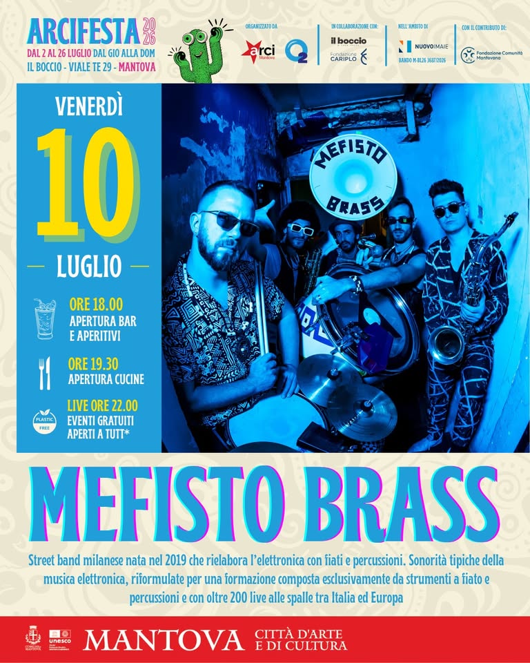 Evento Mefisto Brass – ArciFesta 2026 Locandina Mefisto Brass – ArciFesta 2026 - venerdì 10 luglio ore 22:00 - 00:00