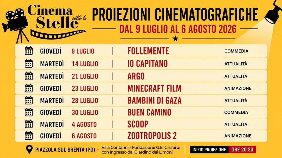 Evento Cinema sotto le Stelle . 2026 Locandina Cinema sotto le Stelle . 2026 - da giovedì 9 luglio - giovedì 6 agosto 2026 ore 20:30 ore 23:00