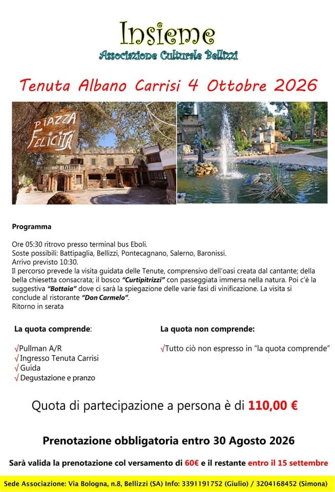 Evento Tenuta Albano Carrisi 4 Ottobre 2026 Locandina Tenuta Albano Carrisi 4 Ottobre 2026 - domenica 4 ottobre ore 05:30 - 20:30