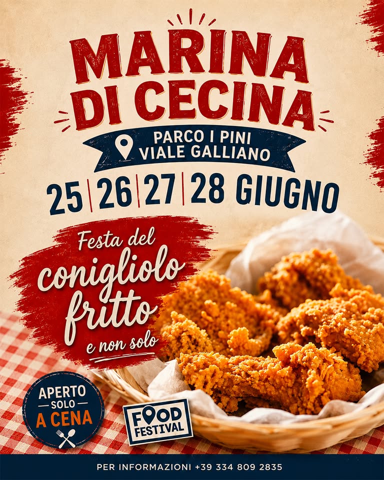 Evento Marina Di Cecina Festa Del Conigliolo Fritto Food Festival Locandina Marina Di Cecina Festa Del Conigliolo Fritto Food Festival - da giovedì 25 giugno - domenica 28 giugno 2026 ore 18:00 ore 23:30