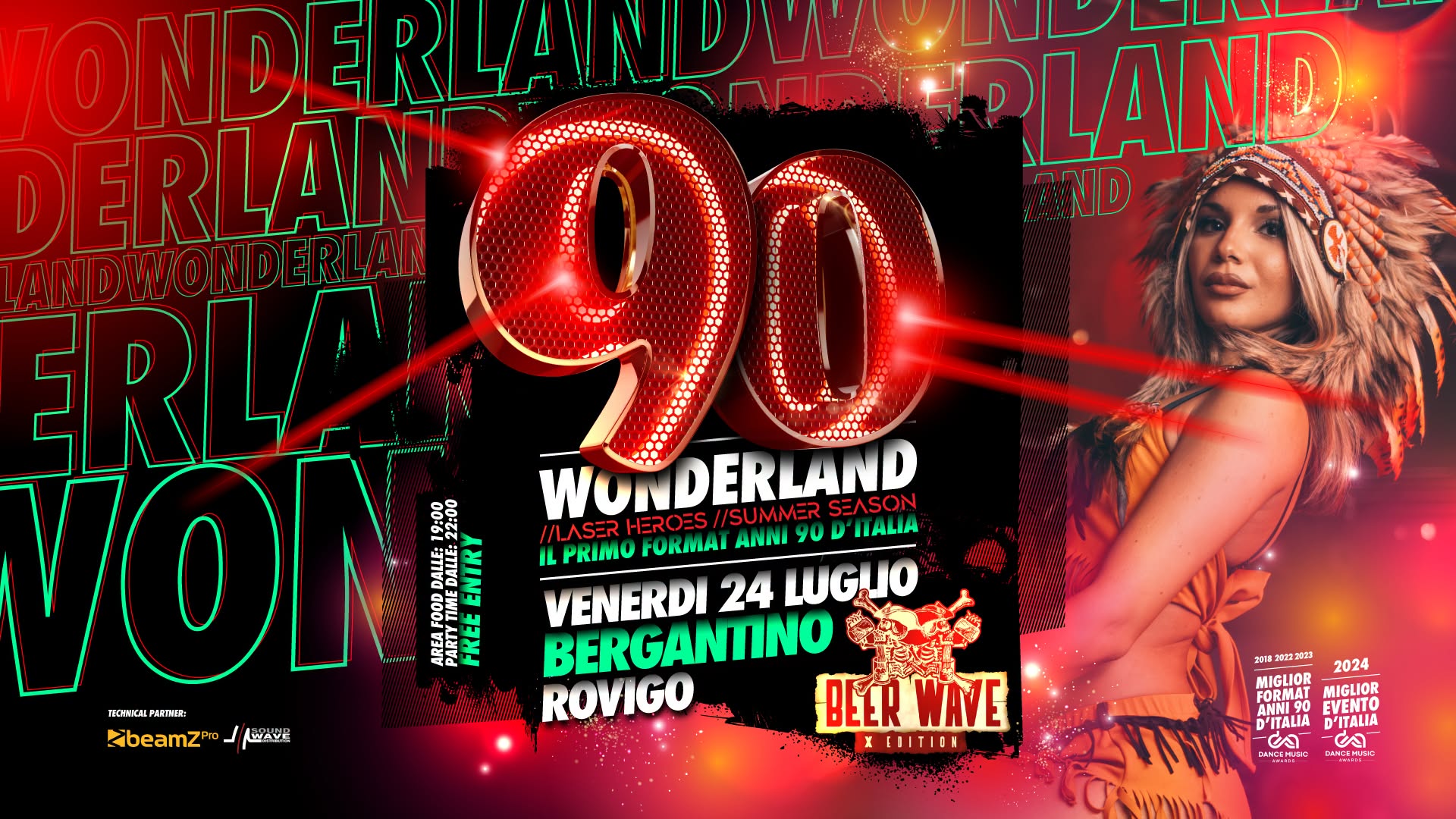 Evento 90 WONDERLAND Beer Wave – Bergantino (Ro) Laser Tour – Ingresso Gratuito Locandina 90 WONDERLAND Beer Wave – Bergantino (Ro) Laser Tour – Ingresso Gratuito - venerdì 24 luglio ore 22:00 - 00:30