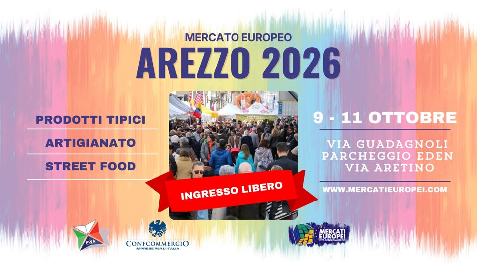 Evento AREZZO – XX° Mercato Europeo 2026 9 – 10 – 11 Ottobre Locandina AREZZO – XX° Mercato Europeo 2026 9 – 10 – 11 Ottobre - da venerdì 9 ottobre - domenica 11 ottobre 2026 ore 12:00 ore 23:59