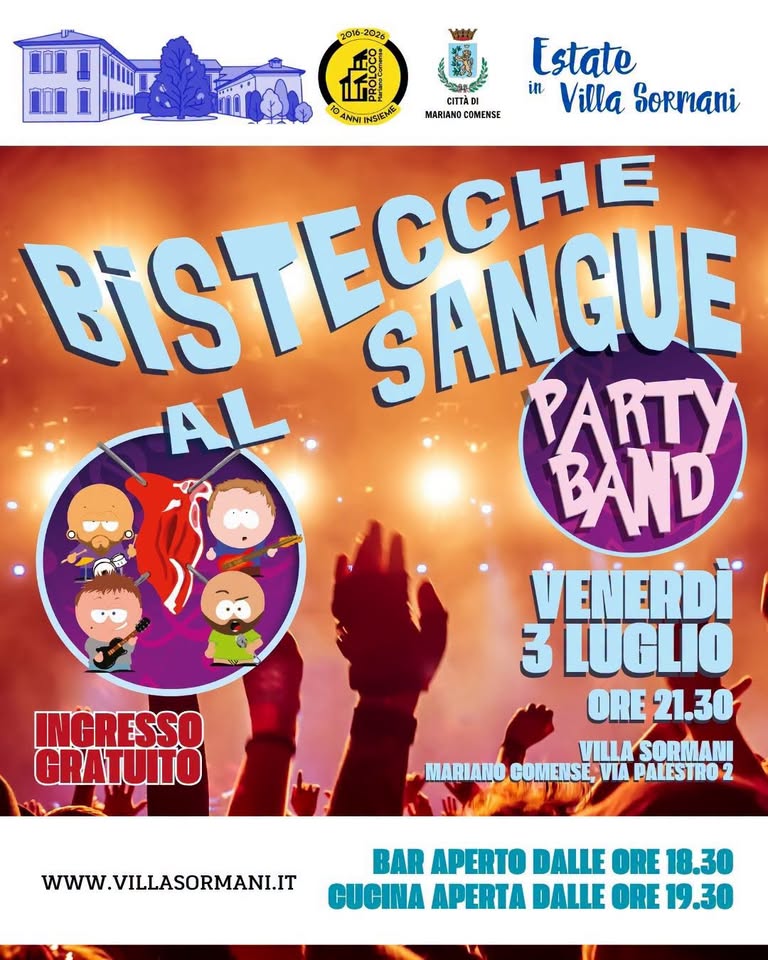 Evento “Bistecche al Sangue Party Band” Locandina “Bistecche al Sangue Party Band” - venerdì 3 luglio ore 18:30 - 20:30