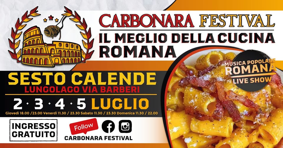 Evento Carbonara Festival Sesto Calende Locandina Carbonara Festival Sesto Calende - da giovedì 2 luglio - domenica 5 luglio 2026 ore 18:00 ore 22:00