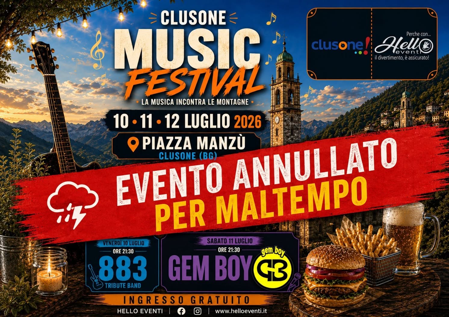 Evento Clusone Music Festival 2026 Locandina Clusone Music Festival 2026 - da venerdì 10 luglio - domenica 12 luglio 2026 ore 17:00 ore 23:30