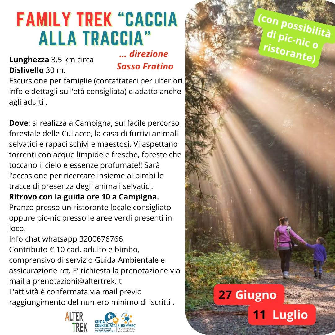 Evento Family Trek “caccia alla traccia”….direzione Sasso Fratino Locandina Family Trek “caccia alla traccia”….direzione Sasso Fratino - da sabato 27 giugno - sabato 11 luglio 2026 ore 10:00 ore 13:00