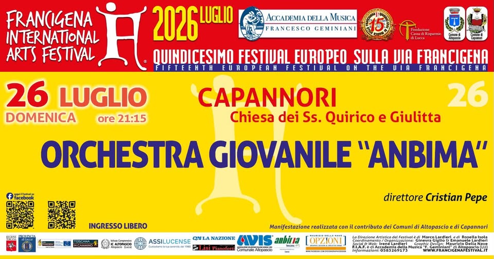 Evento Festival Fiaf Di Altopascio – Orchestra Giovanile “Anbima” – A Capannori (Lucca) Locandina Festival Fiaf Di Altopascio – Orchestra Giovanile “Anbima” – A Capannori (Lucca) - domenica 26 luglio ore 21:15 - 23:30