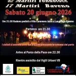Fiaccolata 42 Martiri di Fondotoce – 17 Martiri di Baveno Potrebbe essere un'immagine raffigurante il seguente testo "FIACCOLATA 42 Martiri Fondotoce 17 Martiri Baveno Sabato 20 giugno 2026 Ore 21.00 Raduno podisti a Villa Caramora Intra e Lungolago Baveno Partenza ore 21.30 ciclisti si accoderanno dal piazzale antistante la colonna del porto Arrivo al Parco della Pace ore 22.30 Rientro assistito dai Vigili Urbani VB 21marzo AOFIAB အ4 BeлeTΙA PARCO LEJTERARIO סחדח สพาทา ini C AVIS MARATHON VERBANIA COMUNE BAVENO A.N.P.I. CONITATOPROVINCIALE COMITATC ITATOPROVINCIALE VERBANO VERBANOCUSIOOSOLA CUSIo OSSOLA AANA py Città di Verbania ASSOCIAZIONE CASA SSOCKAZIONE.CASADELARESISTENZAET DELLA RESISTENZAET"