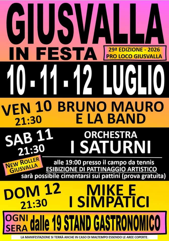 Evento Giusvalla in Festa 2026 Locandina Giusvalla in Festa 2026 - da venerdì 10 luglio - domenica 12 luglio 2026 ore 19:00 ore 23:45