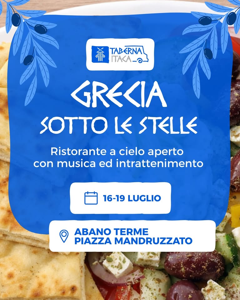 Evento GR Agorà – La Grecia sotto le Stelle ad Abano Terme GR Locandina GR Agorà – La Grecia sotto le Stelle ad Abano Terme GR - da giovedì 16 luglio - domenica 19 luglio 2026 ore 18:30 ore 21:30